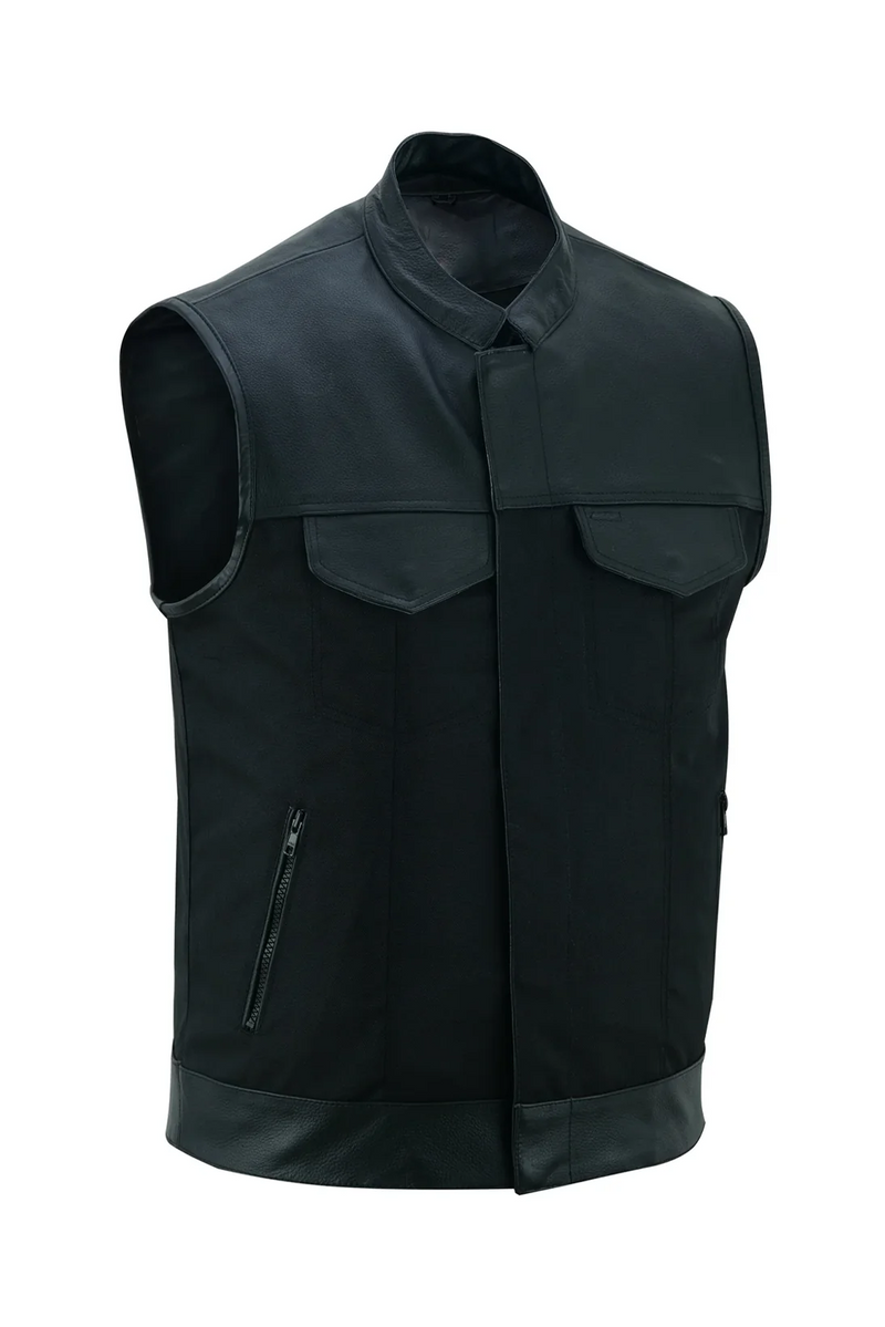 Falcon suede  Textile and Leather Multi Closer Zipper and studs Front Moto Vest for men