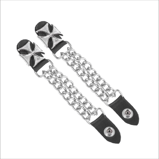 Motorcycle Vest Expanders Dual Bike Chain Biker Iron Cross Silver