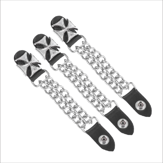 Motorcycle Vest Expanders Dual Bike Chain Biker Iron Cross Silver