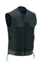 Men's Black Textile Vest with Cowhide Leather Trim, Zipper Front and Side Laces