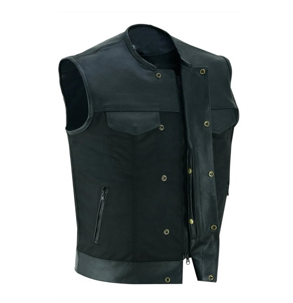 Black Men's Textile Zipper Front Vest and Leather Trimming