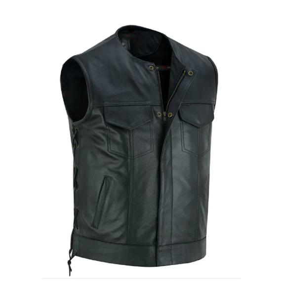 Men's Black Leather Collarless Club Style Motorcycle Rider Vest with Dual Front Closure Side laces