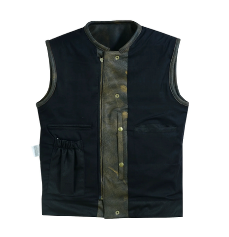 Men's Distressed Brown Leather Motorcycle Vest with Dual Closure and Gun Pocket