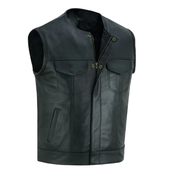 Men's SOA Motorcycle Genuine Cowhide Leather Club Style Collarless Vest with Concealed Gun Pockets New