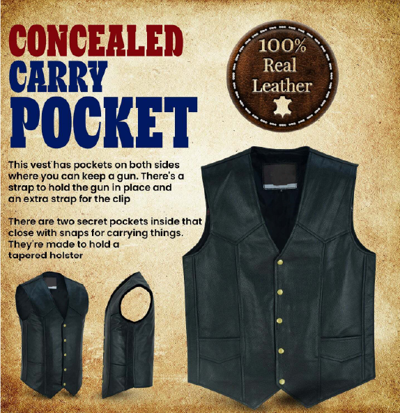 Black Leather Jacket for Men Front Vest with Gun Pockets