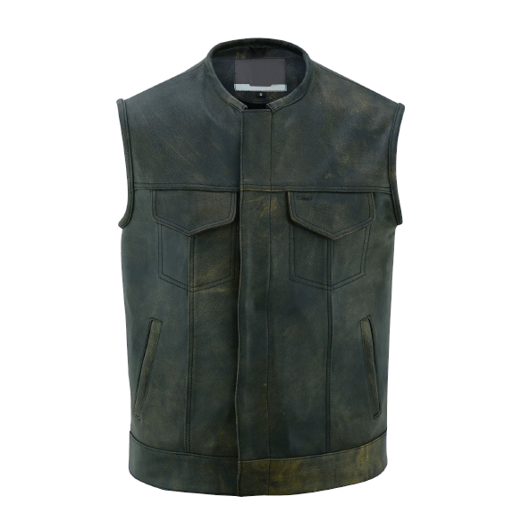 Men's Distressed Brown Leather Motorcycle Vest with Dual Closure and Gun Pocket