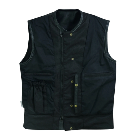 Black Men's Textile Zipper Front Vest and Leather Trimming