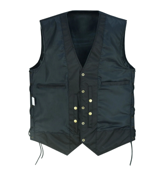 Men's Black Leather Motorcycle Vest with 10 Pockets and Side Laces for Gun Storage