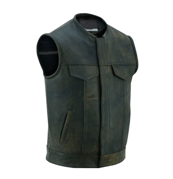 Men's Distressed Brown Leather Motorcycle Vest with Dual Closure and Gun Pocket