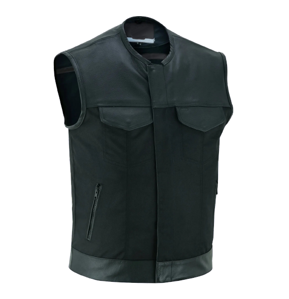 Black Men's Textile Zipper Front Vest and Leather Trimming