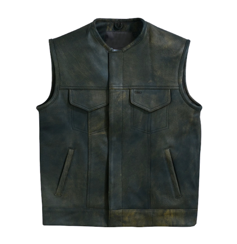 Men's Distressed Brown Leather Motorcycle Vest with Dual Closure and Gun Pocket