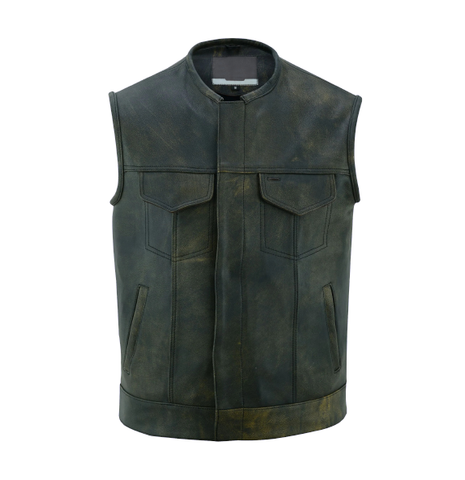 Men's Distressed Brown Leather Motorcycle Vest with Dual Closure and Gun Pocket