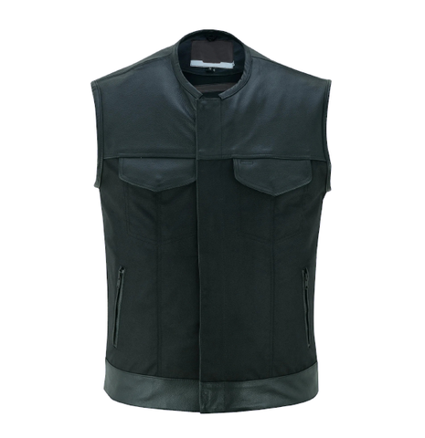 Black Men's Textile Zipper Front Vest and Leather Trimming