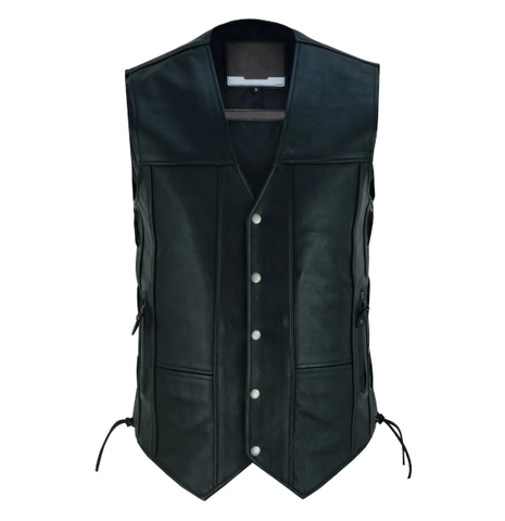 Men's Black Leather Motorcycle Vest with 10 Pockets and Side Laces for Gun Storage