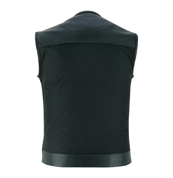 Black Men's Textile Zipper Front Vest and Leather Trimming