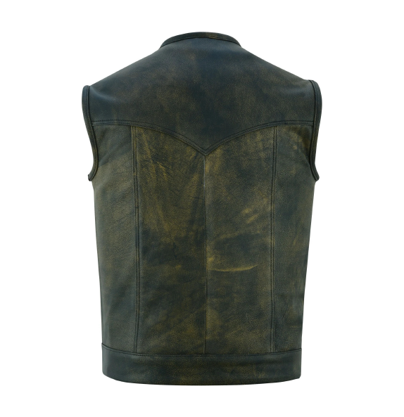 Men's Distressed Brown Leather Motorcycle Vest with Dual Closure and Gun Pocket