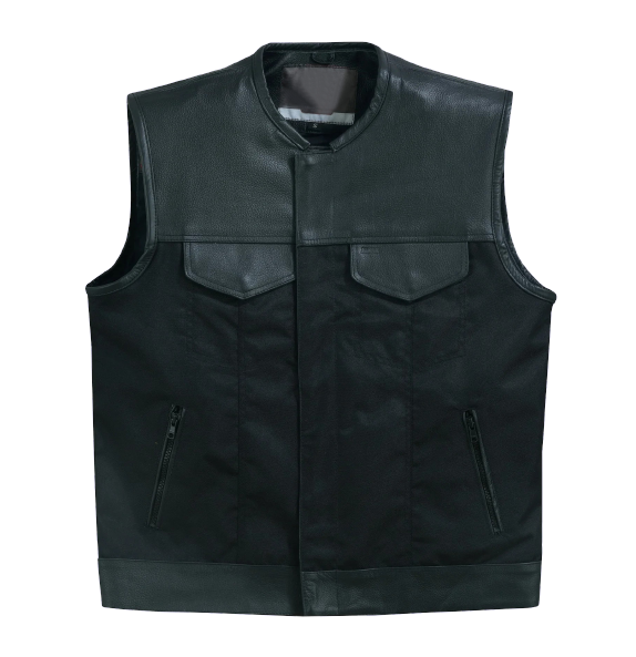 Black Men's Textile Zipper Front Vest and Leather Trimming