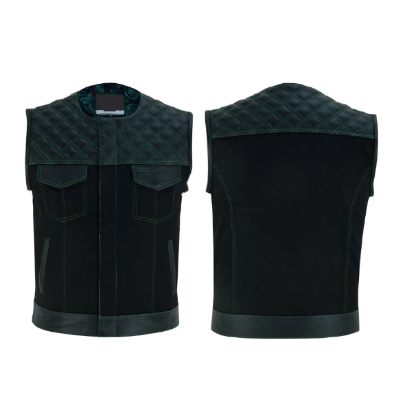 Men's Double Green Thread SOA Club Vest Featuring Concealed Gun Pockets and a Collar-Less Design"