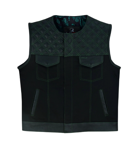 Men's Double Green Thread SOA Club Vest Featuring Concealed Gun Pockets and a Collar-Less Design"