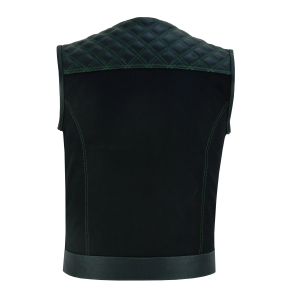 Men's Double Green Thread SOA Club Vest Featuring Concealed Gun Pockets and a Collar-Less Design"