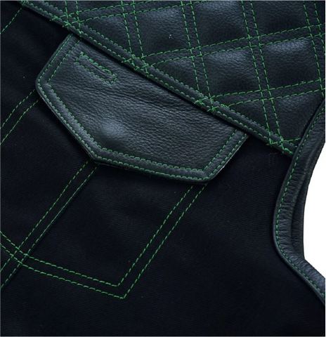 Men's Double Green Thread SOA Club Vest Featuring Concealed Gun Pockets and a Collar-Less Design"