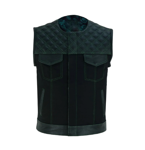 Men's Double Green Thread SOA Club Vest Featuring Concealed Gun Pockets and a Collar-Less Design"