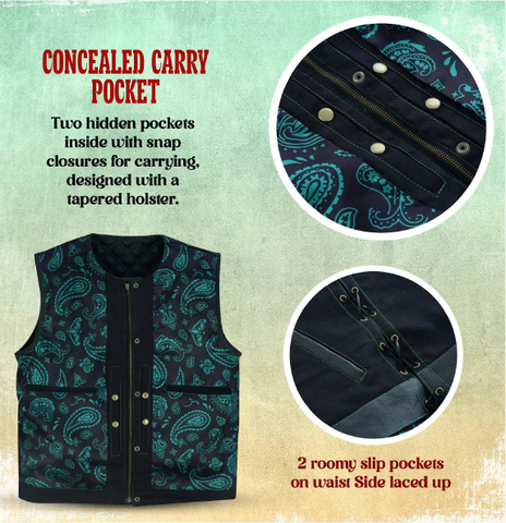 Men's Double Green Thread SOA Club Vest Featuring Concealed Gun Pockets and a Collar-Less Design"