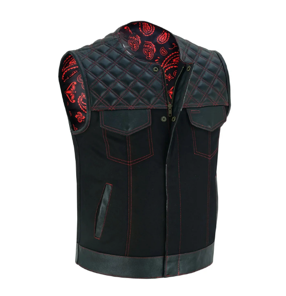 Men’s Motorcycle SOA Vest – Red Stitch Biker Vest with Customizable Back Panel and Adjustable Fit