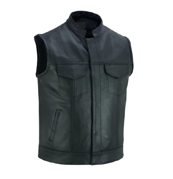 Men's Black Leather Motorcycle Biker Vest – Anarchy Club Style with Concealed Carry