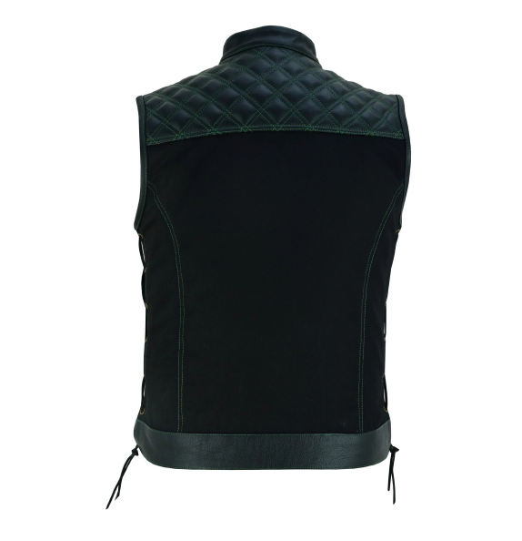 Men's Black Denim and Leather Motorcycle Club Vest with green Thread Diamond Padding, Green Stitches, and Lace-Up Details for an Awesome Biker Look!