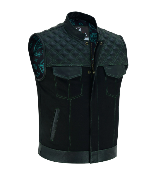 Enhance Your Biker Style with this Men's Denim and Leather Motorcycle Club Vest.