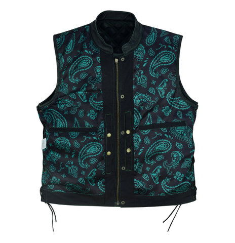 Men's Black Denim and Leather Motorcycle Club Vest with green Thread Diamond Padding, Green Stitches, and Lace-Up Details for an Awesome Biker Look!