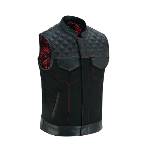 Black Denim & Leather Motorcycle Club Vest with Red Thread, Zipper Front and Diamond Padding for Men