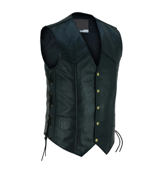 Men's Cowhide Leather Biker Vest – V-Neck Motorcycle Vest with Concealed Carry Pockets