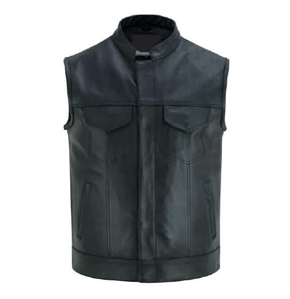 Men's Black Leather Motorcycle Biker Vest – Anarchy Club Style with Concealed Carry