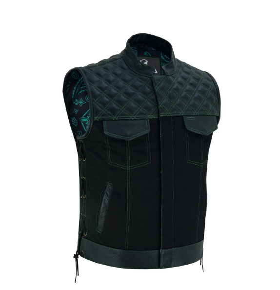 Men's Black Denim and Leather Motorcycle Club Vest with green Thread Diamond Padding, Green Stitches, and Lace-Up Details for an Awesome Biker Look!