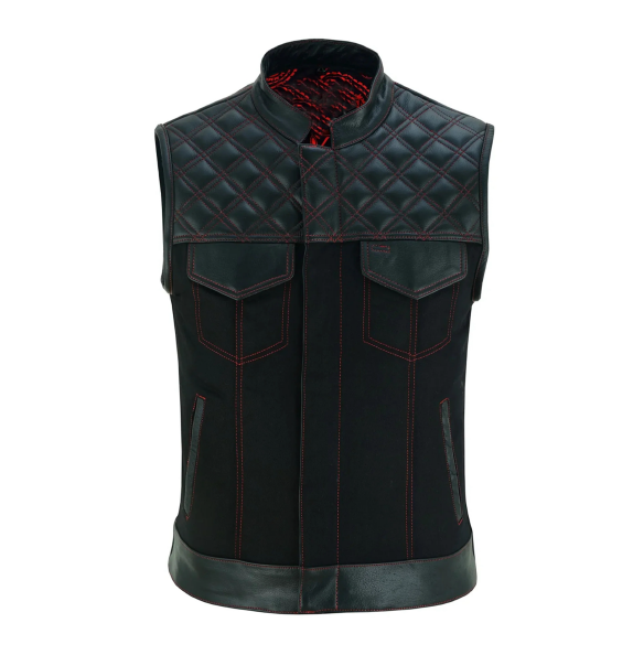 Black Denim & Leather Motorcycle Club Vest with Red Thread, Zipper Front and Diamond Padding for Men