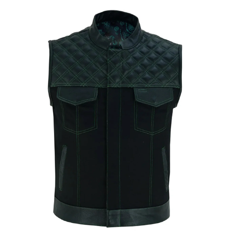 Enhance Your Biker Style with this Men's Denim and Leather Motorcycle Club Vest.