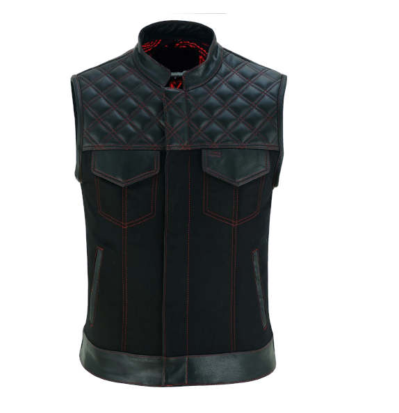 Black Denim & Leather Motorcycle Club Vest with Red Thread, Zipper Front and Diamond Padding for Men