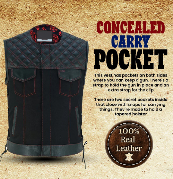 Red Thread Men's SOA Vest with Collar-less Design, Double Thread Club Vest and Concealed Gun Pockets