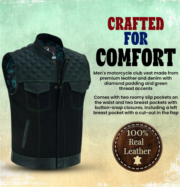 Enhance Your Biker Style with this Men's Denim and Leather Motorcycle Club Vest.