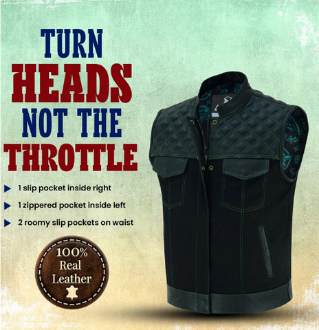 Enhance Your Biker Style with this Men's Denim and Leather Motorcycle Club Vest.