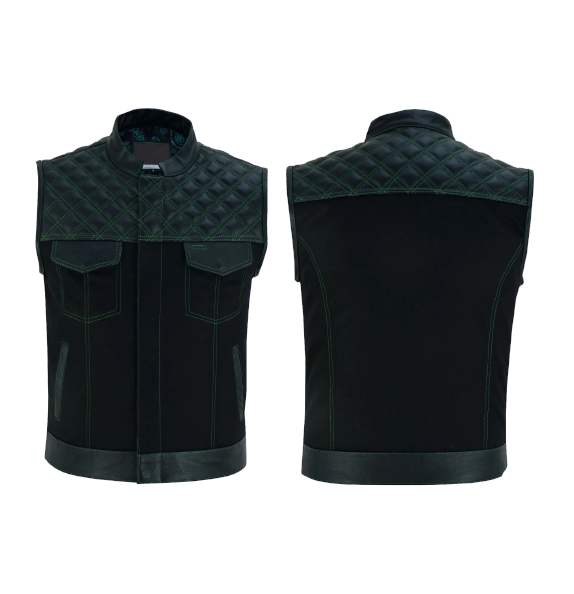 Enhance Your Biker Style with this Men's Denim and Leather Motorcycle Club Vest.