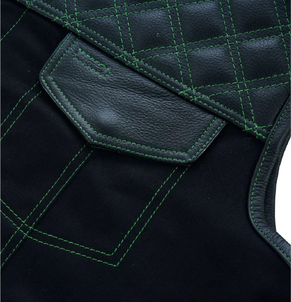 Men's Black Denim and Leather Motorcycle Club Vest with green Thread Diamond Padding, Green Stitches, and Lace-Up Details for an Awesome Biker Look!