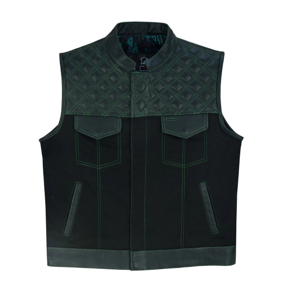 Enhance Your Biker Style with this Men's Denim and Leather Motorcycle Club Vest.