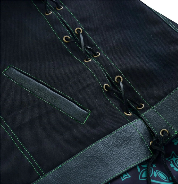 Men's Black Denim and Leather Motorcycle Club Vest with green Thread Diamond Padding, Green Stitches, and Lace-Up Details for an Awesome Biker Look!