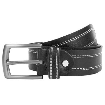 Men’s Classic Full-Grain Leather Belt – Stitched Brown Casual Belt with Metal Buckle