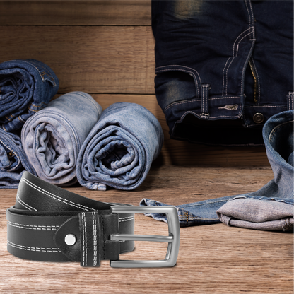 Men’s Classic Full-Grain Leather Belt – Stitched Brown Casual Belt with Metal Buckle