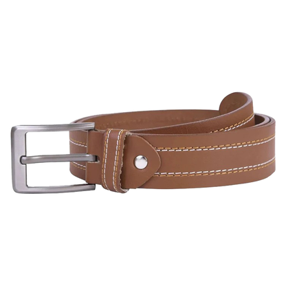 Men’s Classic Full-Grain Leather Belt – Stitched Brown Casual Belt with Metal Buckle