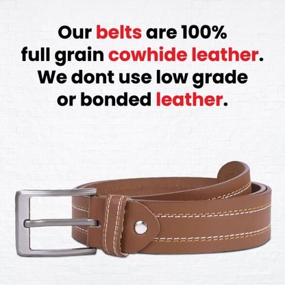 Men’s Classic Full-Grain Leather Belt – Stitched Brown Casual Belt with Metal Buckle